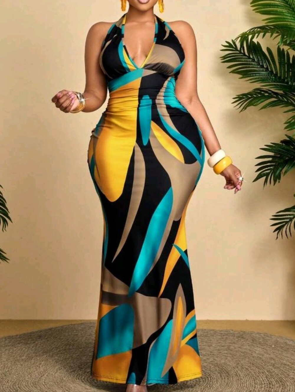 Yellow & Teal Abstract Halter Maxi Dress PLUS SIZES